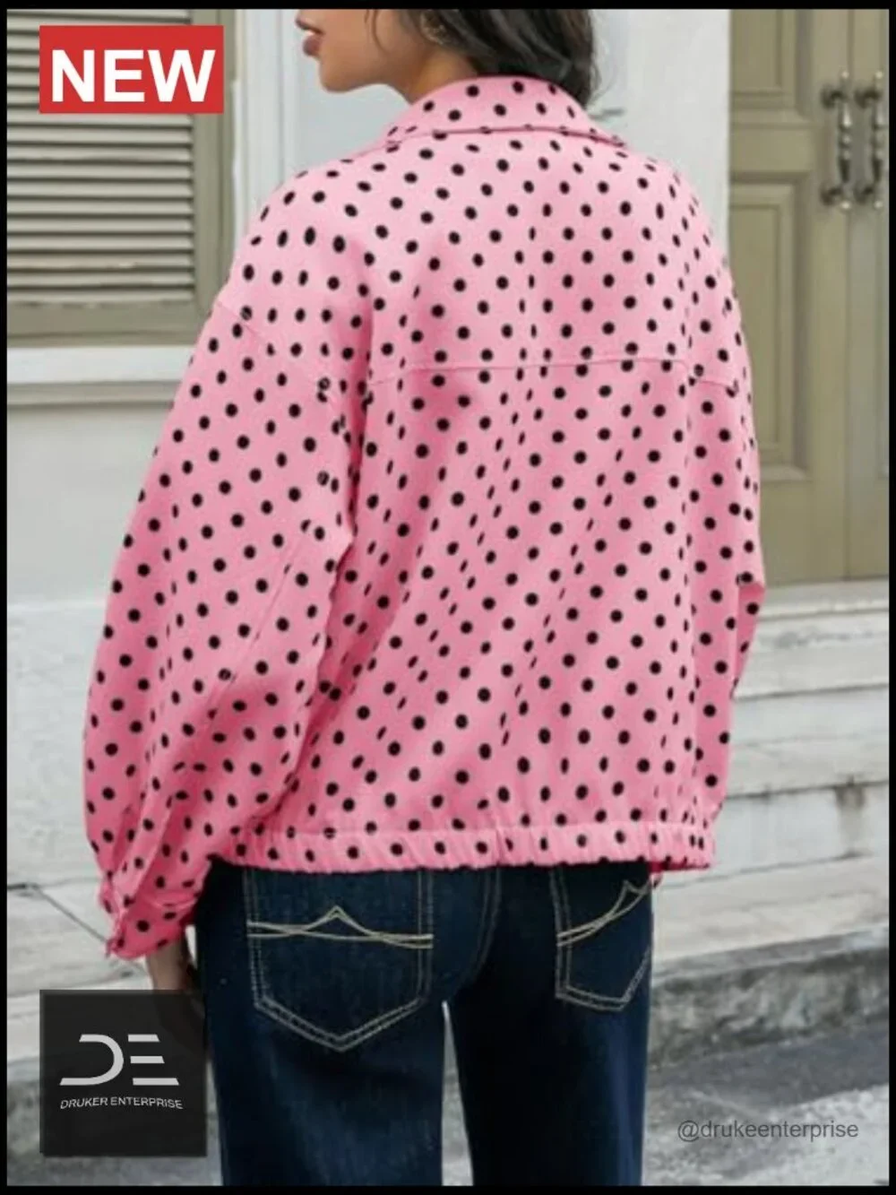 Polka Dot Cropped Zip Up Oversized Jacket Lightweight Casual